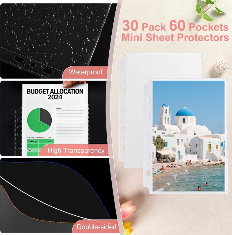 WITHYU 30 Pack 60 Pockets 5.5x8.5” Sheet Protector Sleeves for 6 Ring A5 Binder, A5 Mini 3 Ring Binder, Ultra-Clear Playbill Holder Sleeves, Double-Sided, Top Loading Sheet Protector for Paper Report - Image 3